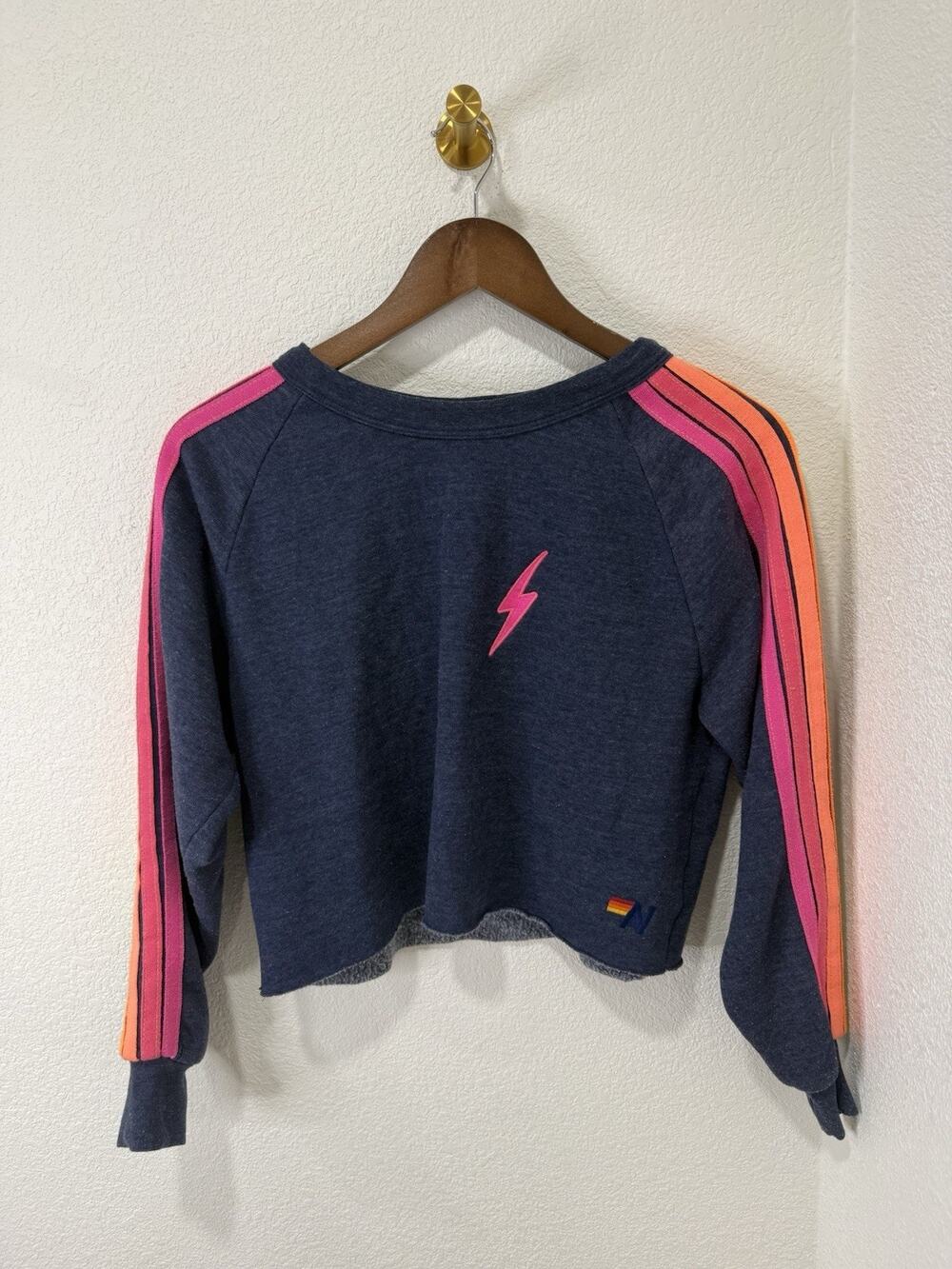 Aviator Nation Bolt Cropped Classic Five Stripe Crewneck Sweatshirt Size XS